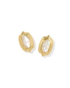 Ellie Stepped Frame Stud Earrings in gold with ivory mother of pearl stones.