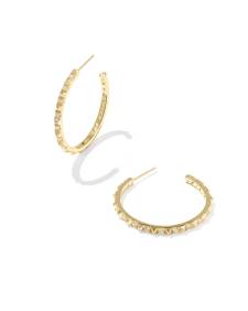 Gold Fate Hoop Earrings with white cubic zirconia stones on a white background.