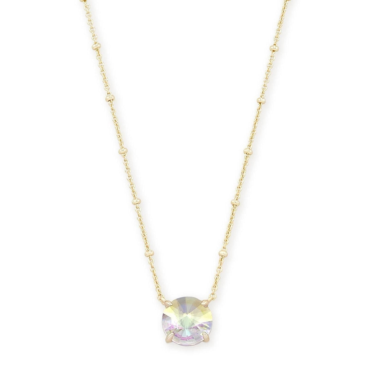 Kendra Scott Jolie short pendant necklace in gold-plated brass with a radial dichroic glass stone featuring iridescent colors.