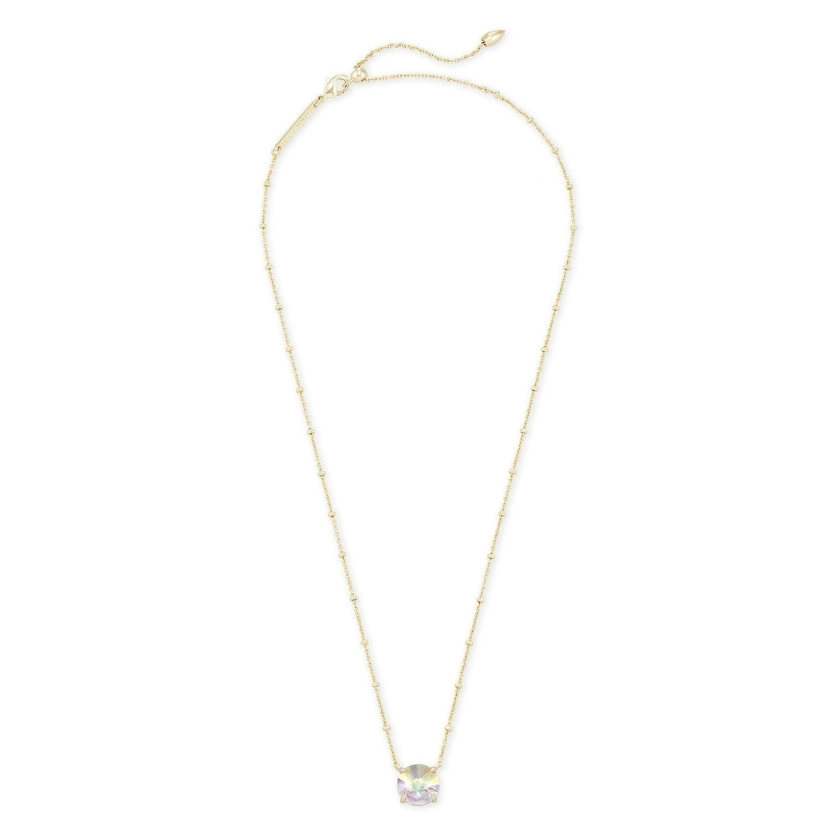 Kendra Scott Jolie short pendant necklace in gold-plated brass with a radial dichroic glass stone featuring iridescent colors.