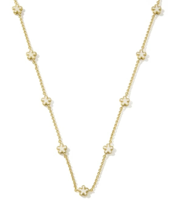 Jane Gold Strand Necklace with white enamel floral motifs on an adjustable chain