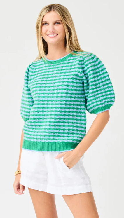 Woman wearing the Abigail Sweater, a green and blue striped knit top with short puff sleeves.