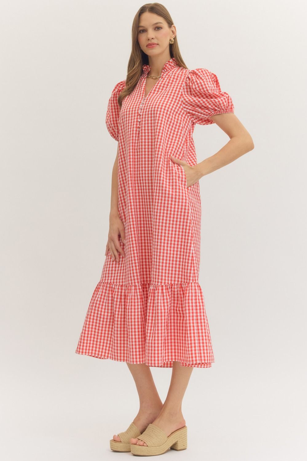 Gingham Short Puff Sleeve Pink Midi Dress