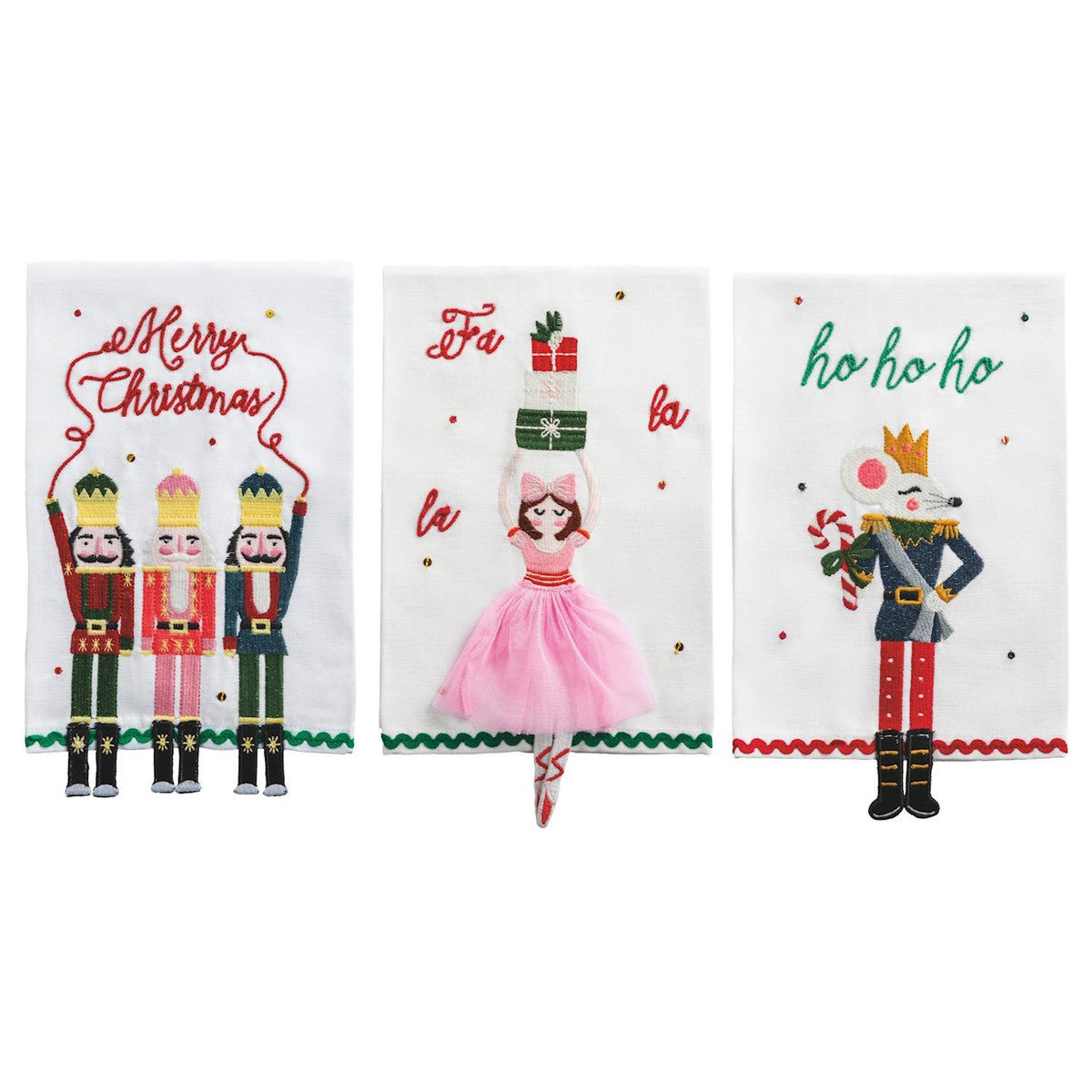Set of three white embroidered Christmas hand towels with nutcrackers, a ballerina, and a mouse.