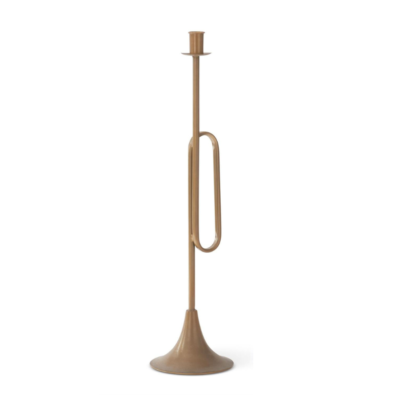 Gold trumpet-shaped iron taper candleholder with a brass-style finish and musical instrument design.
