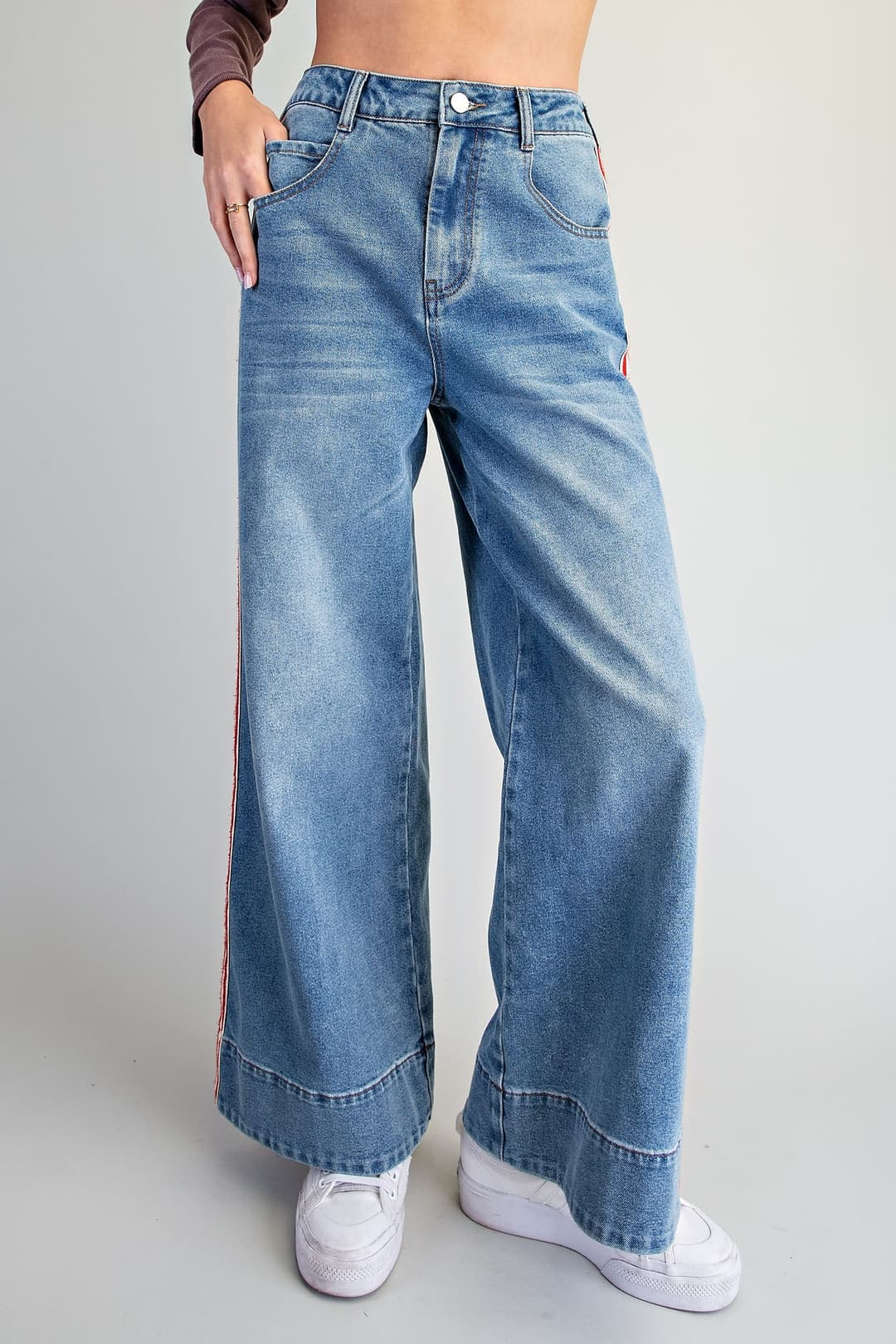 Amelia high waisted wide leg denim pants with red and white striped side panels.