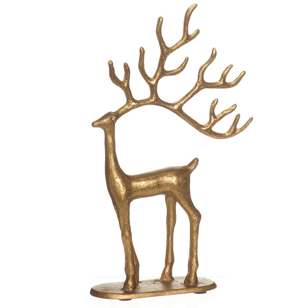 10-inch gold cast iron reindeer figurine with large antlers on a flat base.