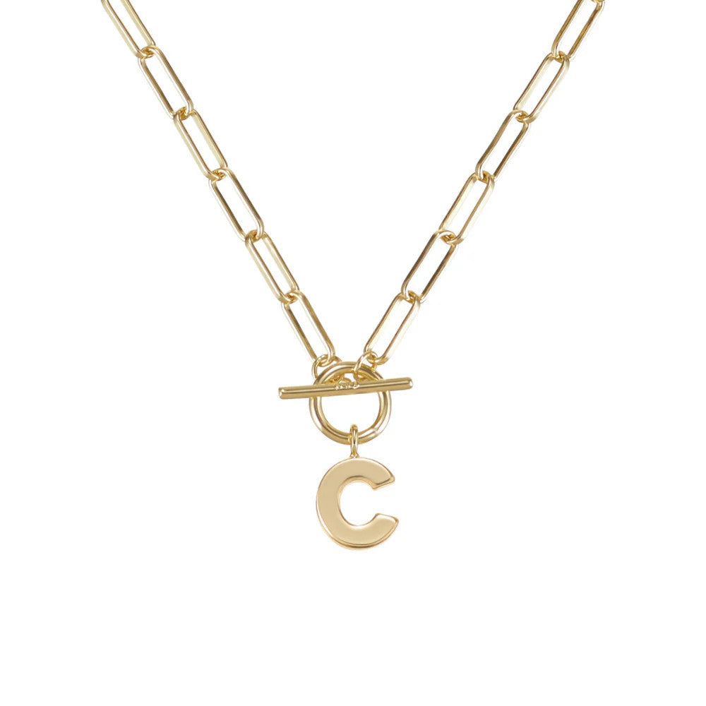 Gold plated toggle necklace with an 18-inch chain featuring a lead-free nickel-free brass construction.