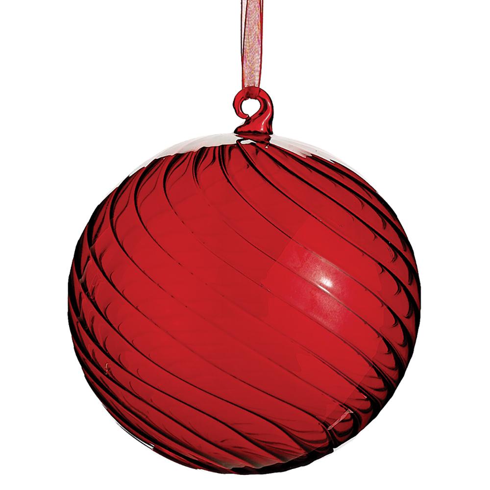 6-inch red glass ball ornament with a swirled texture and a matching hanging ribbon.