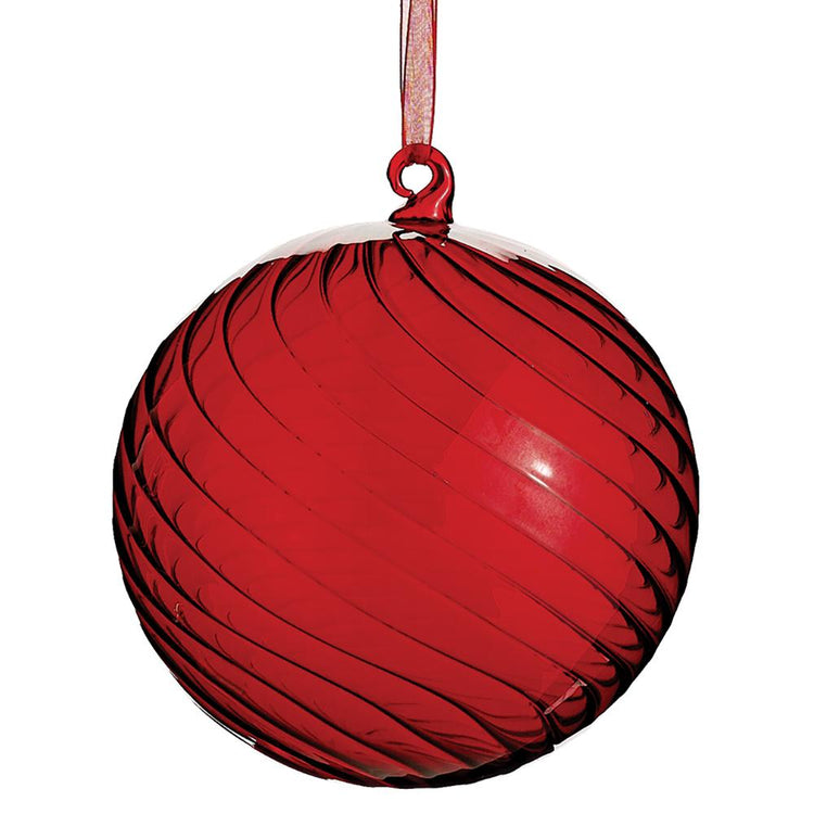 6-inch red glass ball ornament with a swirled texture and a matching hanging ribbon.