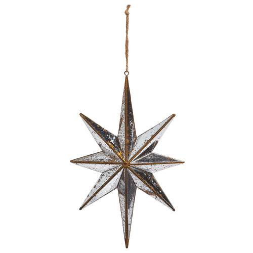 9.75-inch distressed mirrored eight-point star ornament with gold trim and a twine hanging loop.