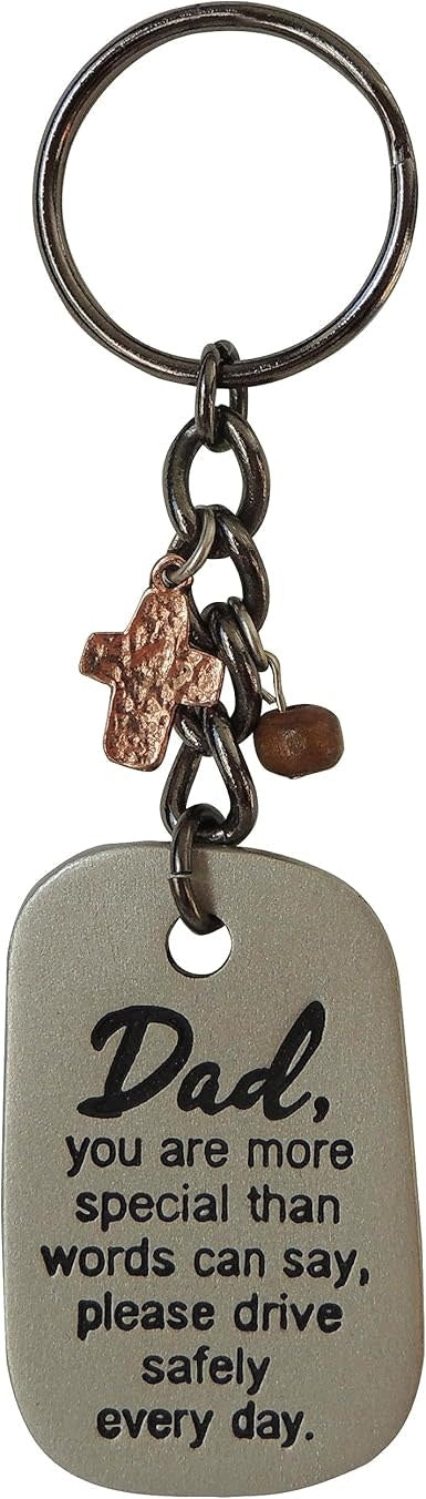 Silver metallic rectangular key ring with a black background featuring white text displaying Philippians 4:13.
