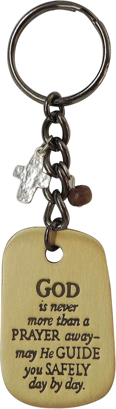 Silver metallic rectangular key ring with black background featuring white text displaying Philippians 4:13 Bible verse.