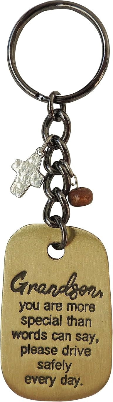 Silver-toned rectangular metal key ring engraved with Philippians 4:13 Bible verse.
