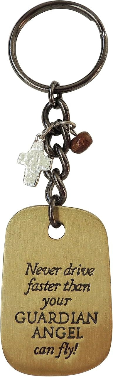 Silver-toned rectangular metal key ring with a blue guardian angel graphic and white Philippians verse text.