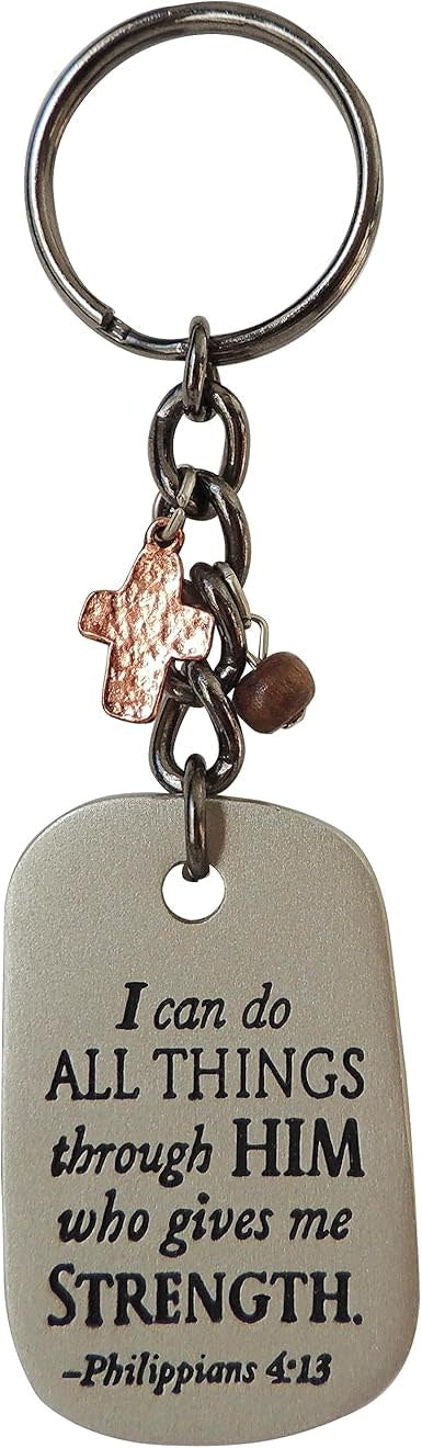 Silver-toned rectangular key ring with black border displaying Philippians 4:13 Bible verse.