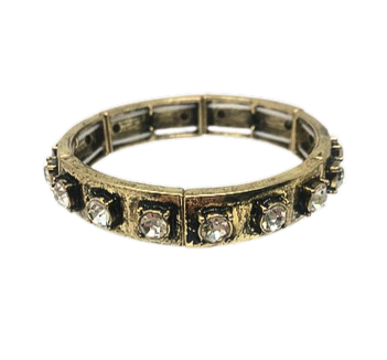Antique gold-tone metal stretch bracelet featuring a row of round clear rhinestones.