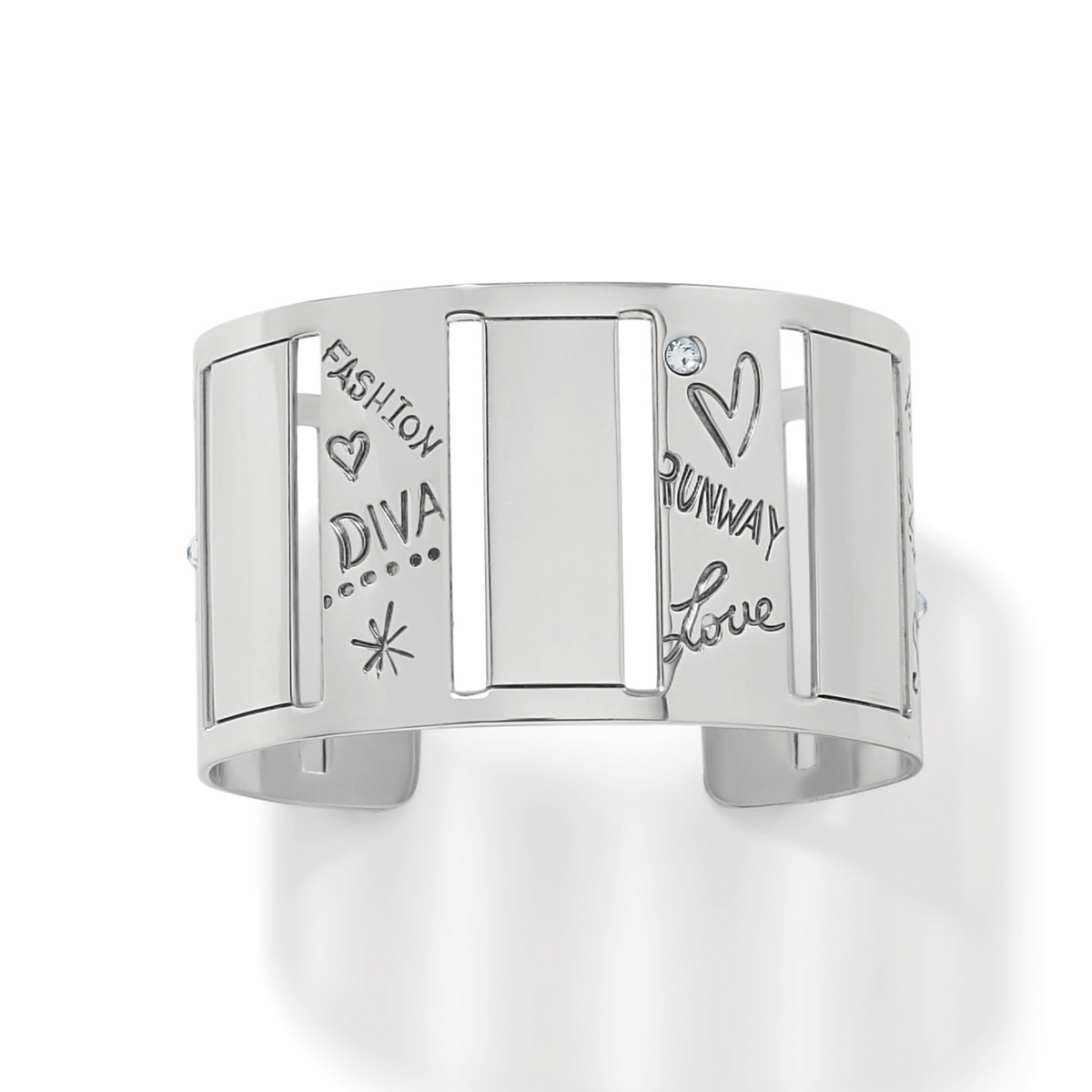Silver Fashionista Cover Girl Scarf Cuff with engraved fashion-themed words and crystal accents.