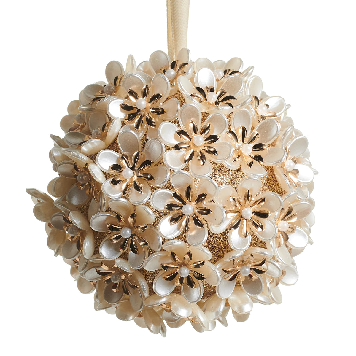 4-inch gold glitter ball ornament covered in white pearlescent flowers with pearl centers.