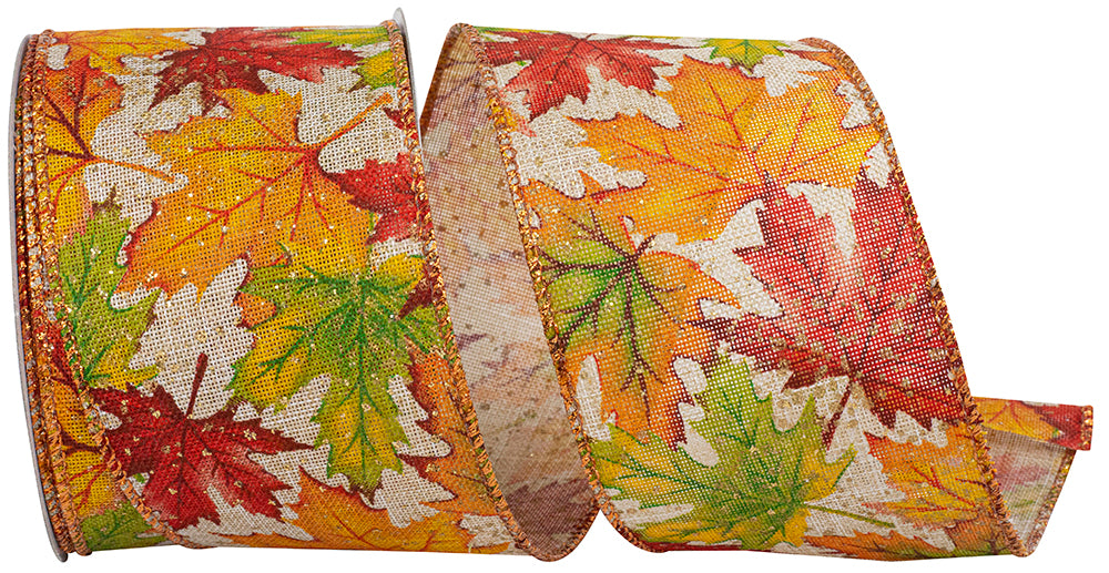 Leaf Multi Color Linen Wired Edge Ribbon with red, orange, and green autumn leaves on natural fabric