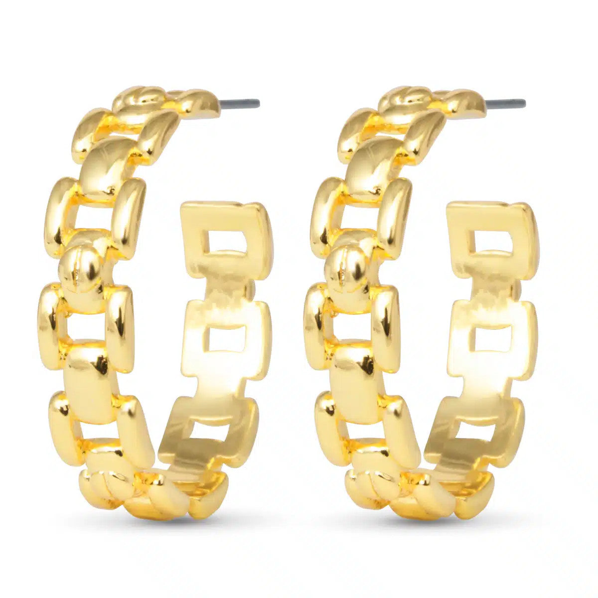 Zoe Polished Gold Huggie Earrings featuring a chunky, interlocking chain link design.