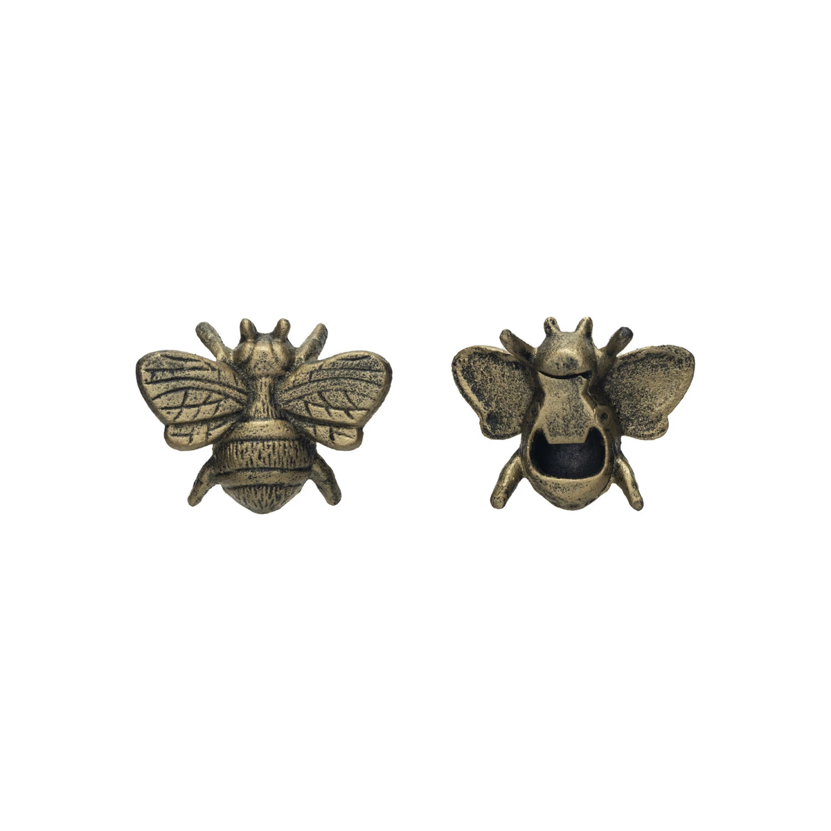 Distressed gold cast iron bee-shaped bottle opener with a distressed finish.