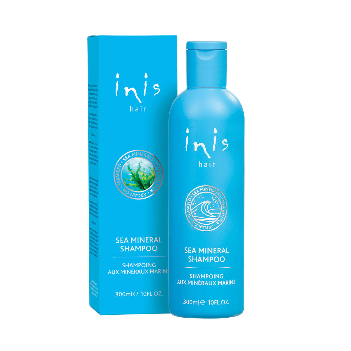Bottle of Inis Sea Mineral Shampoo with a white label featuring blue sea mineral graphics.