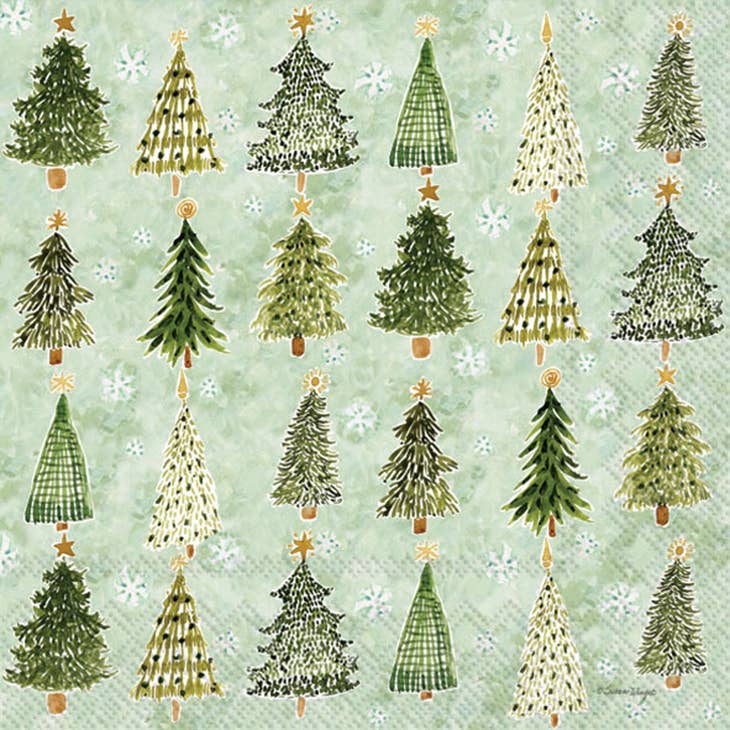 Green paper cocktail napkins with a pattern of various Christmas trees and snowflakes.