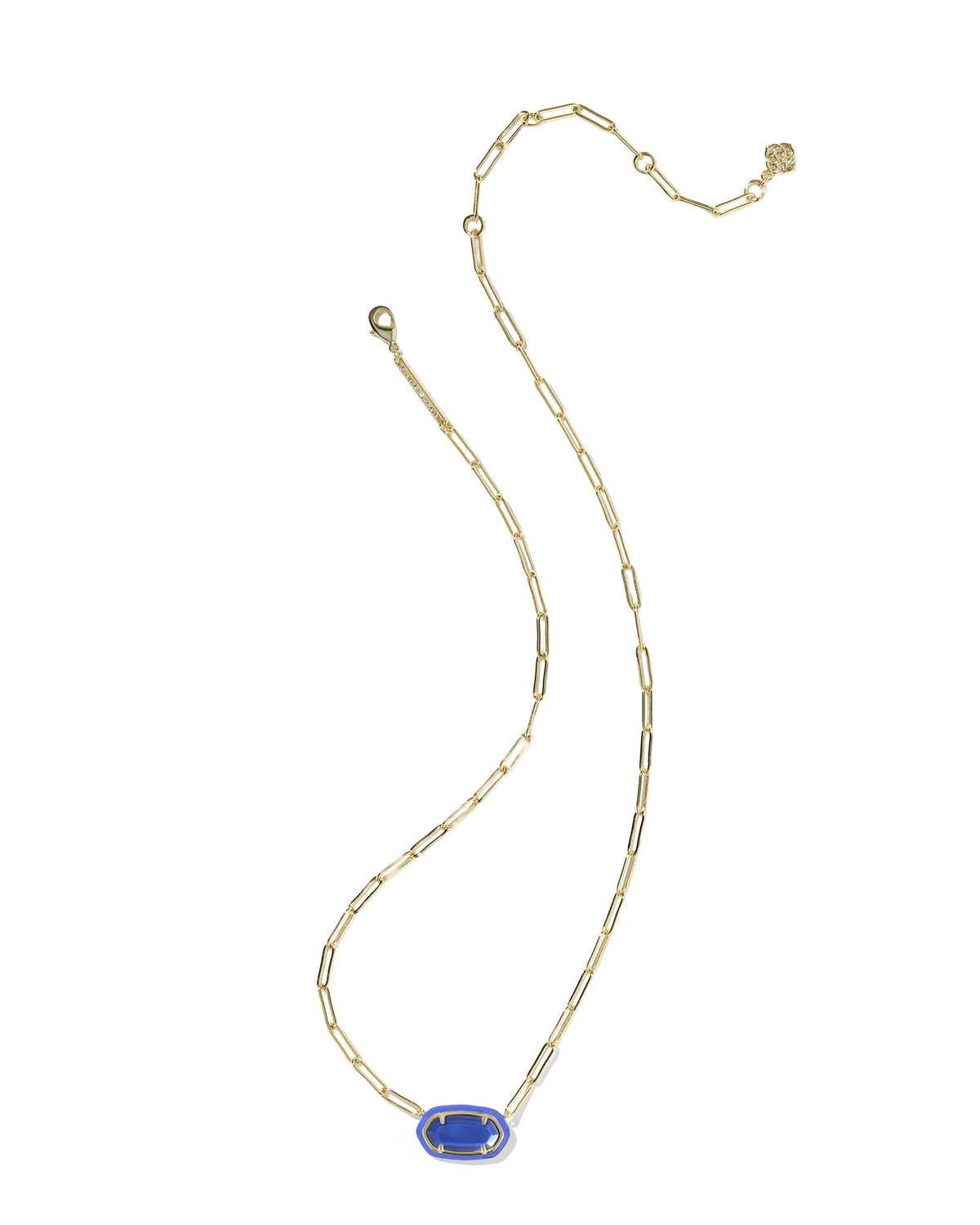 Elisa gold paperclip chain necklace with a blue enamel-framed oval pendant.