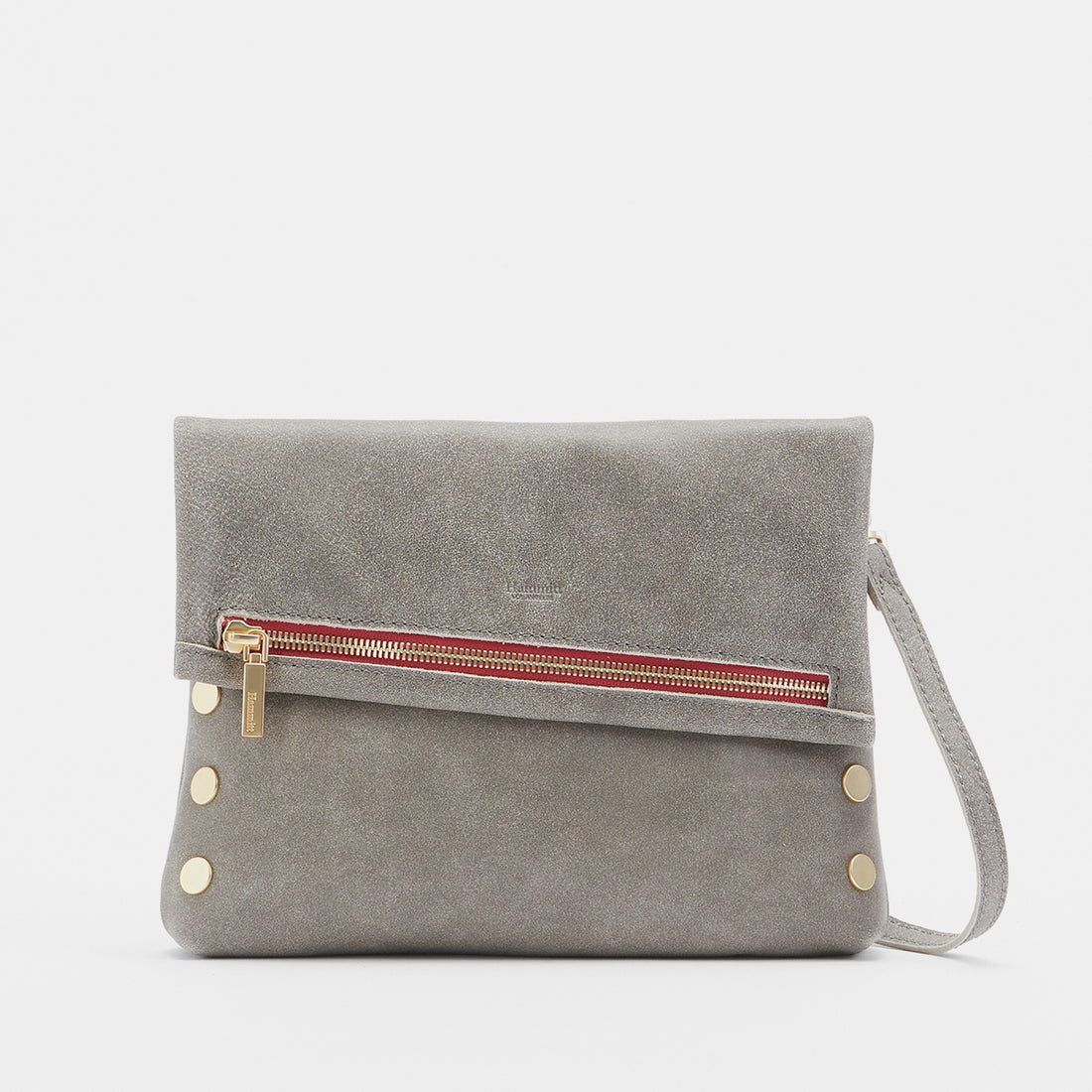 Medium zippered bag in buttery black leather with brushed gold rivets.