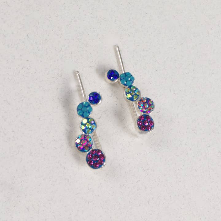 Sterling silver falling circles earrings featuring Austrian crystals in a cascading circular pattern.