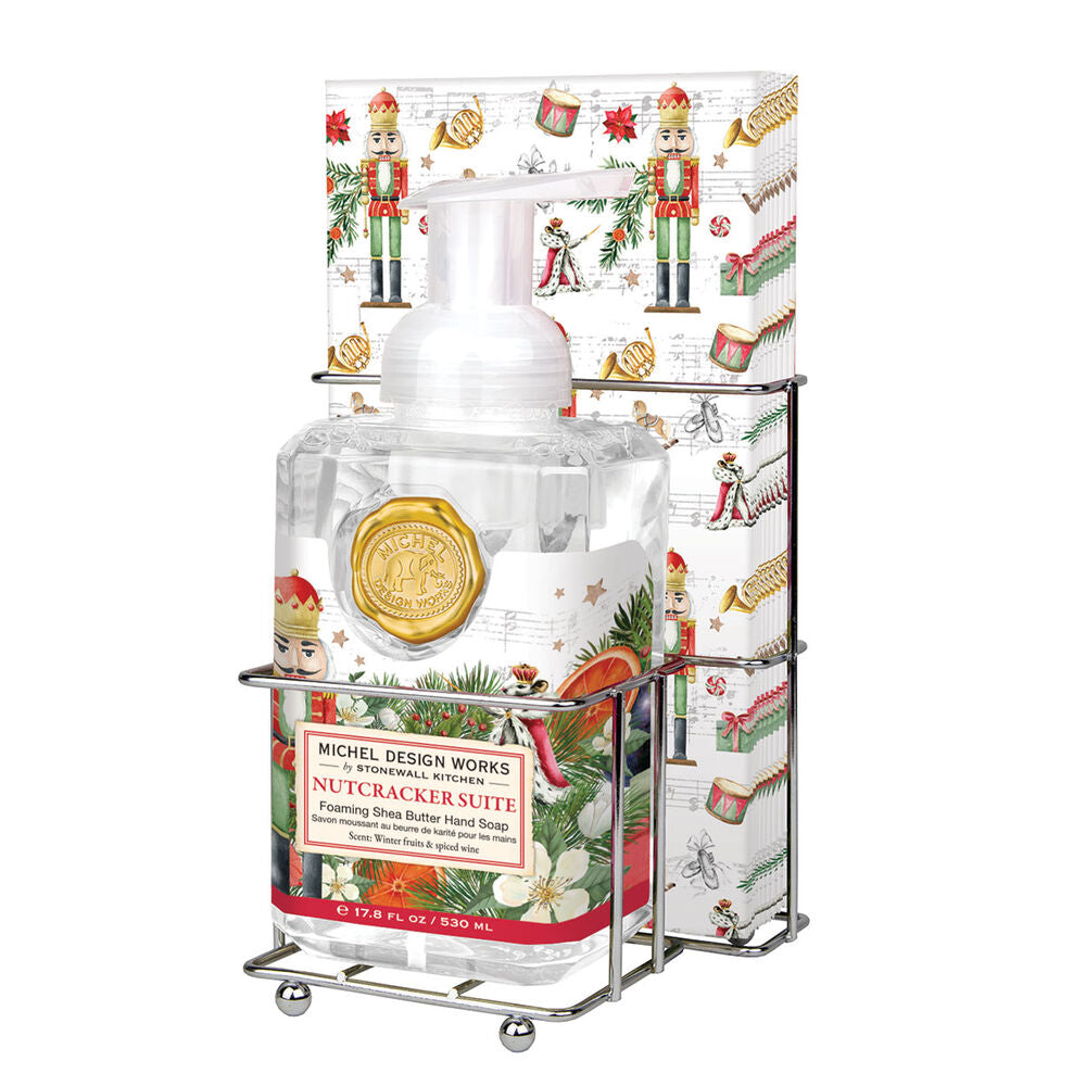 Foaming hand soap dispenser with matching napkin holder set in neutral tones