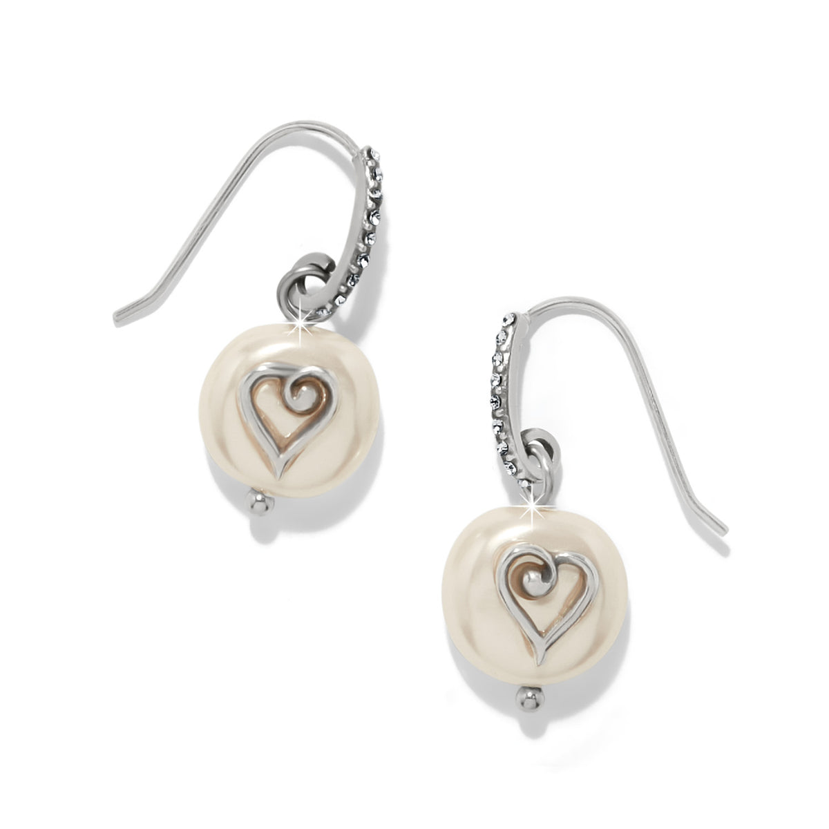 Silver-plated French wire earrings featuring an open heart silhouette with a Japanese handmade glass pearl and crystal accents.