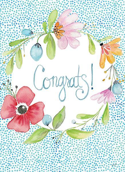 Watercolor floral wreath greeting card with 'Congrats!' text on a blue dotted background.