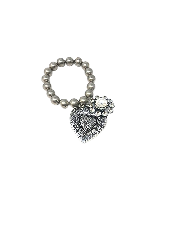 Chunky silver bead stretch bracelet featuring a large engraved heart and a crystal flower charm.