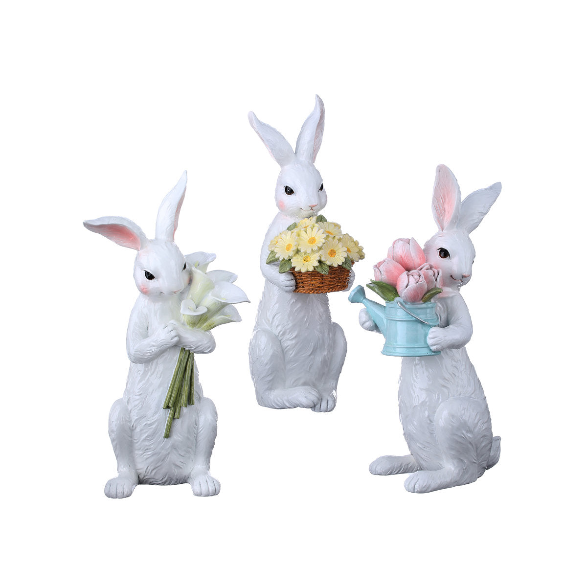 Resin bunny figurine holding a floral bouquet with pastel colors.