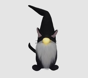 Black plush cat gnome figurine with LED lights in a rounded silhouette.