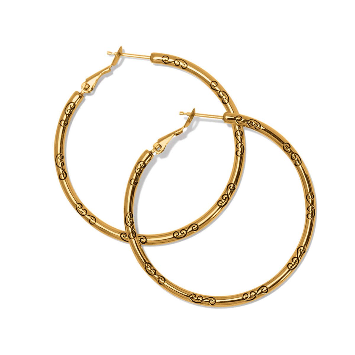 Large gold-plated hoop earrings with an etched scroll design and charm-ready posts.