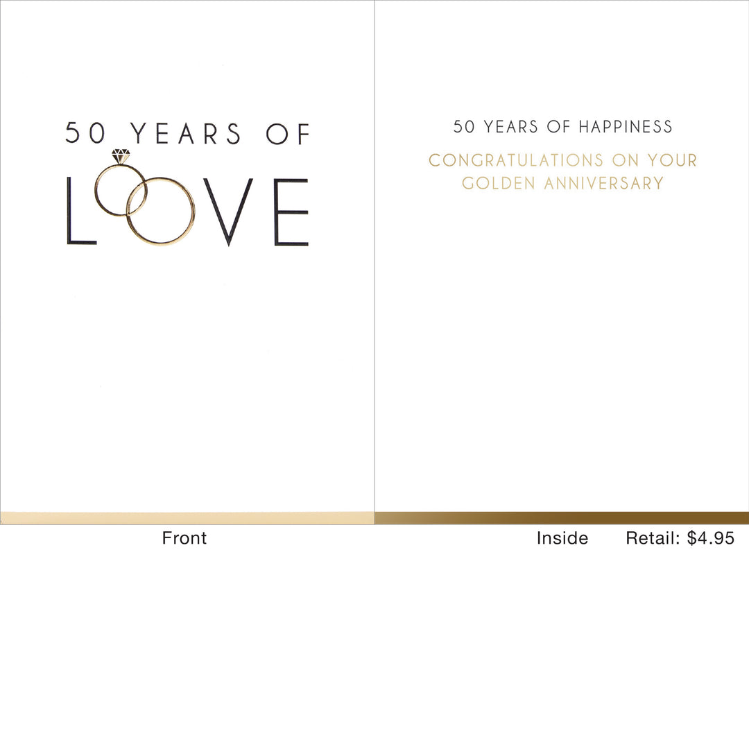 50 Years Of Love card with two interlocking rings and diamond. Inside reads "50 Years Of Happiness Congratulations On Your Golden Anniversary."