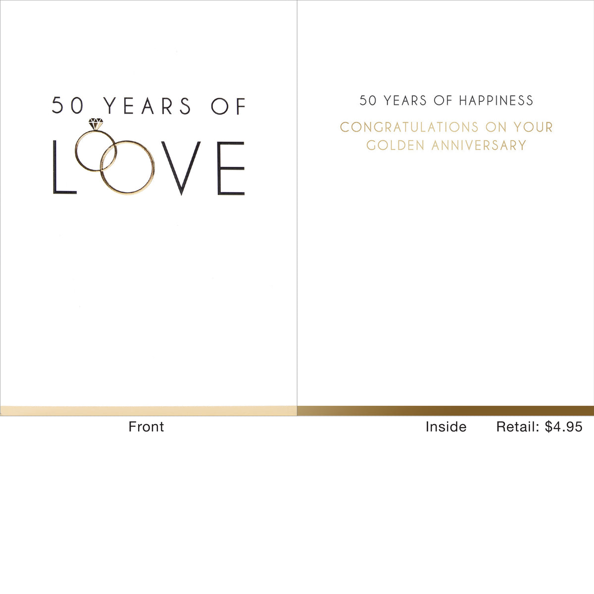 50 Years Of Love card with two interlocking rings and diamond. Inside reads "50 Years Of Happiness Congratulations On Your Golden Anniversary."
