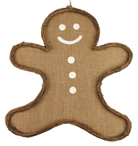 Tan burlap fabric gingerbread cookie figure with white painted face and vine edging trim.