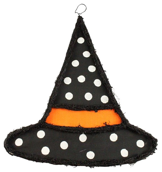 Black burlap witch hat with white polka dots and orange vine edging trim