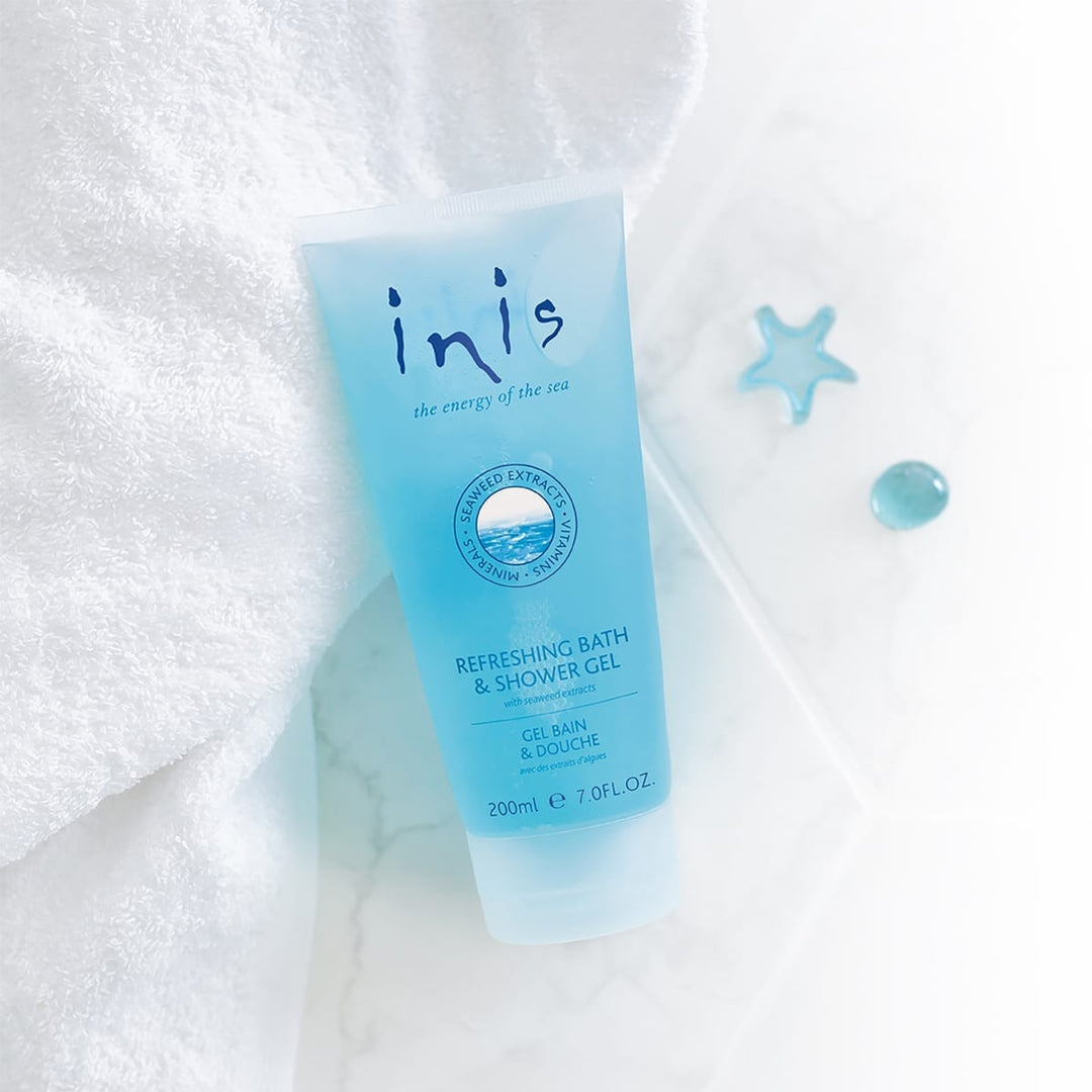 Inis Refreshing Bath & Shower Gel in a clear bottle with white cap.