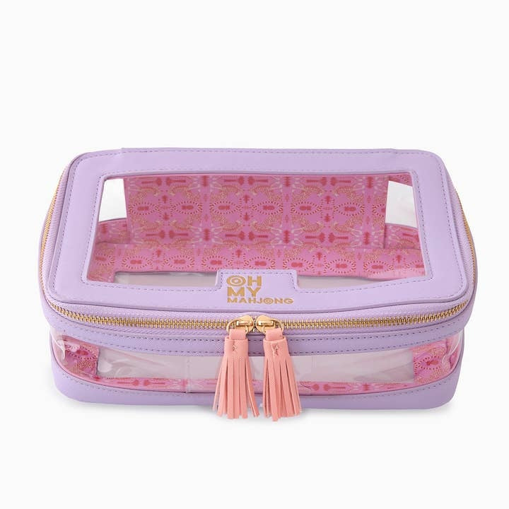 Lavender zippered storage bag with label window holding a full set of mahjong tiles.