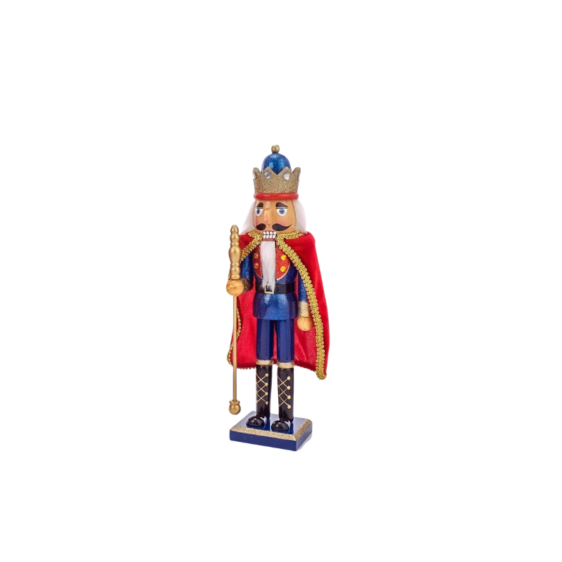 A 15-inch wooden nutcracker king wearing a blue uniform, gold crown, and a red cape.