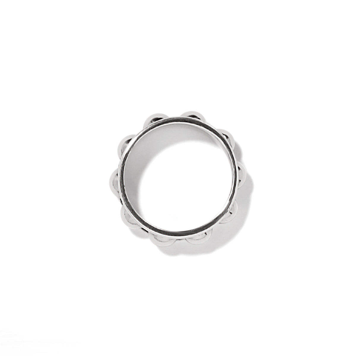 Silver plated ring with bold domed beads over an antiqued silver channel.