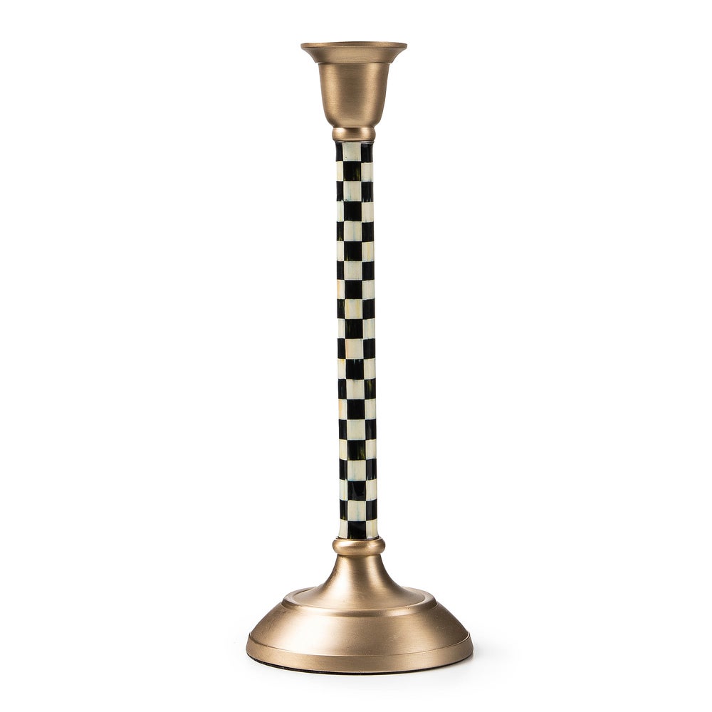 Medium stainless steel candlestick with brass accents in a courtly check pattern.