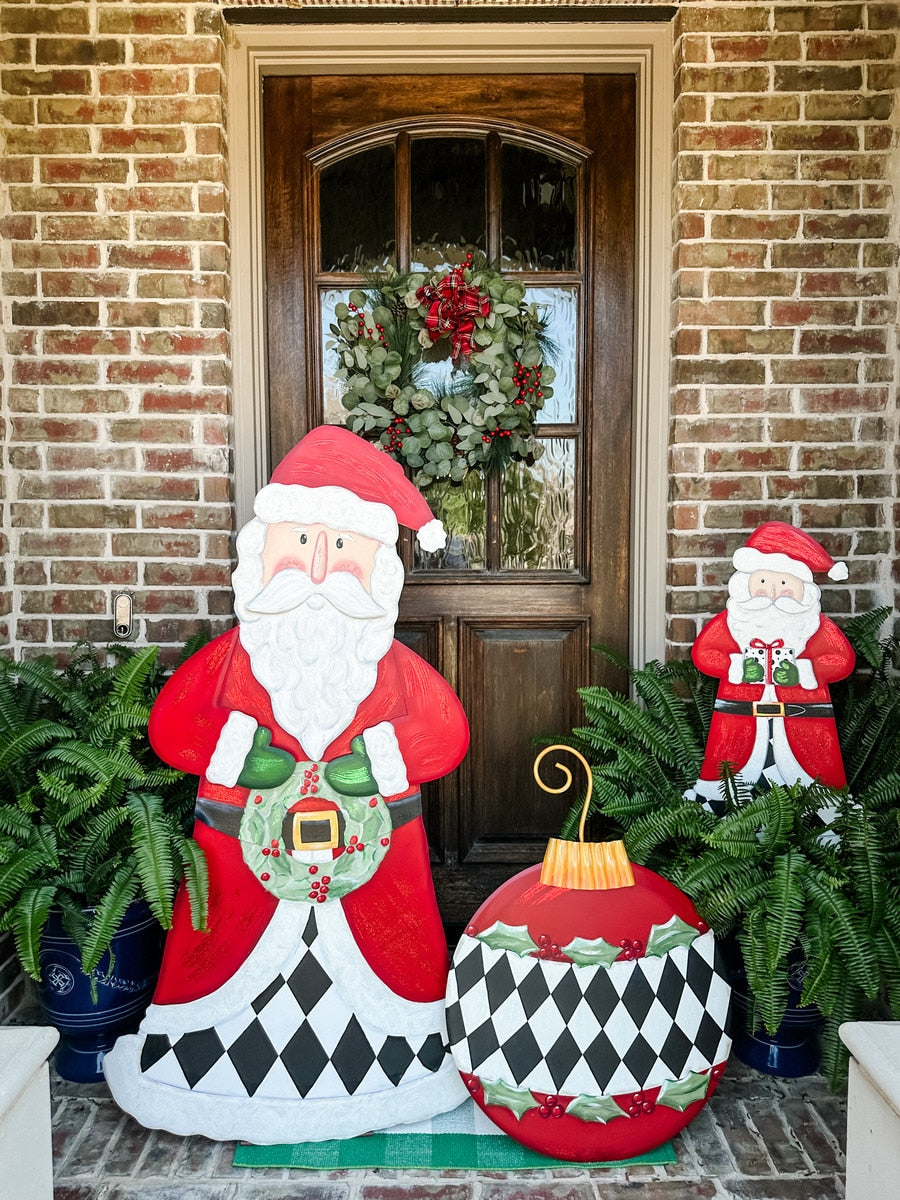 Medium Elegant Santa wooden cutout decoration with a red suit, white beard, and checkered trim.
