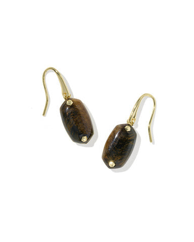 Lee Riveted Drop Earrings featuring brown tiger's eye stones with gold-tone riveted settings.