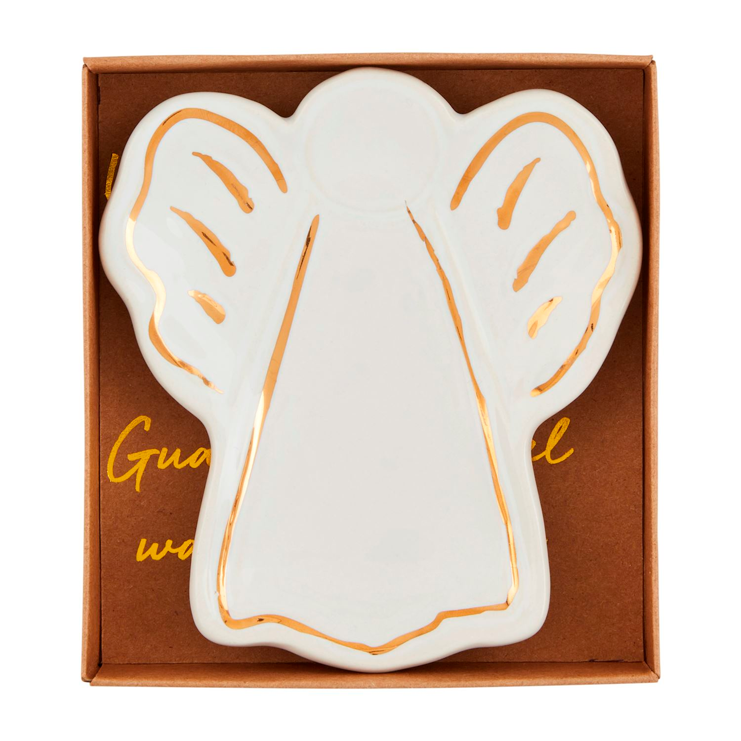 White stoneware angel-shaped tidbit dish with hand-painted gold electroplate rim in a gift box.